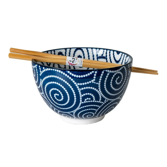 Japanese Ramen Udon Noodle Rice Bowl With Chopsticks Brush Swirl Design 20 fl oz 6 inch Diameter Bowl Sets Color Box Packaging