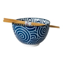 Japanese Ramen Udon Noodle Rice Bowl With Chopsticks Brush Swirl Design 20 fl oz 6 inch Diameter Bowl Sets Color Box Packaging
