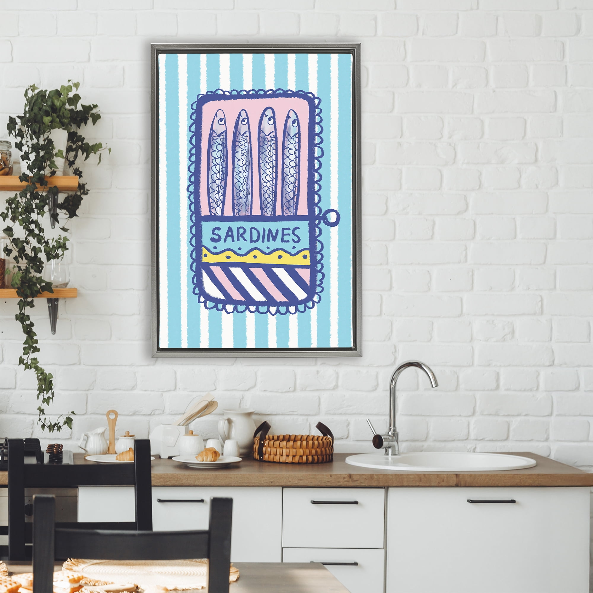 Stupell Industries Pastel & Stripes Sardines Gray Framed Floater Canvas Wall Art, design by Florentina Dolci