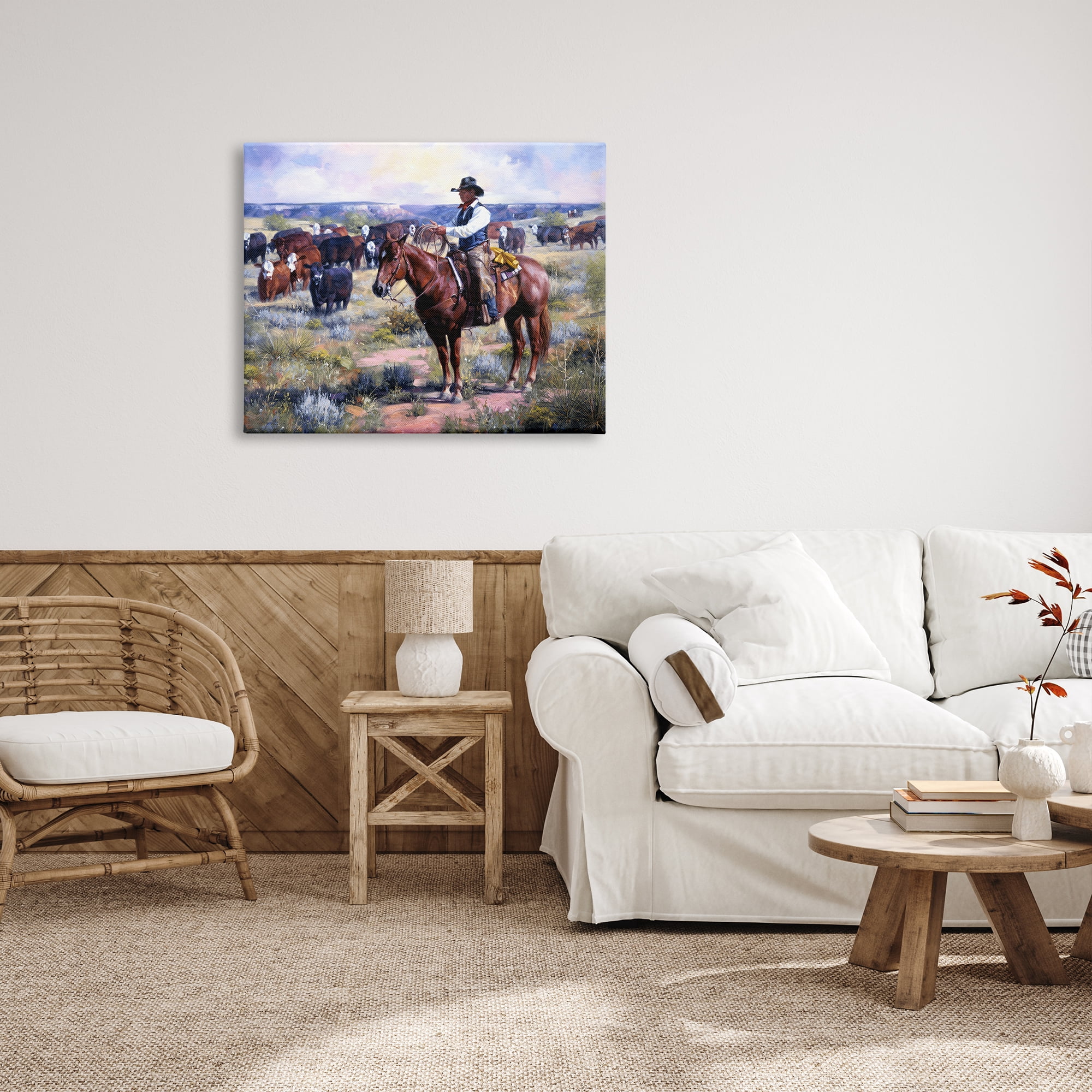 Stupell Industries Cowboy Herding Cattle Ranch Animals & Insects Painting Gallery Wrapped Canvas Print Wall Art, 40 x 30