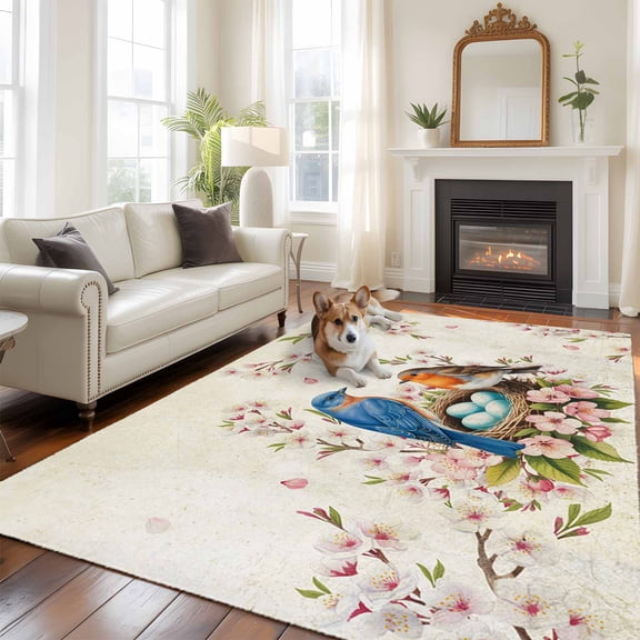 5'x8' Area Rugs, Birds Floral Indoor Outdoor Area Rug for Living Room Bedroom, Farmhouse Vintage Pink Flower Leaf Washable Bathroom Rugs Kitchen Floor Carpet Mats Home Decor Aesthetic