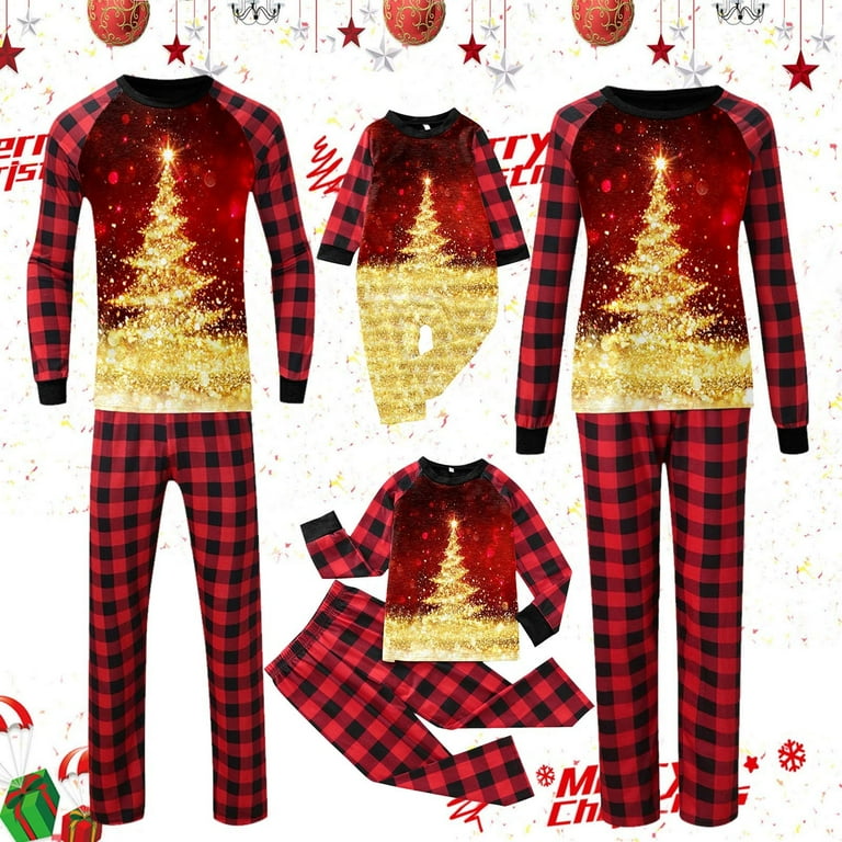 CBGELRT Christmas Pajamas for Family Red Gold Xmas Tree Print Pajamas Set Daddy Matching Sleepwear Long Sleeve Tops and Pants 2 Piece Men