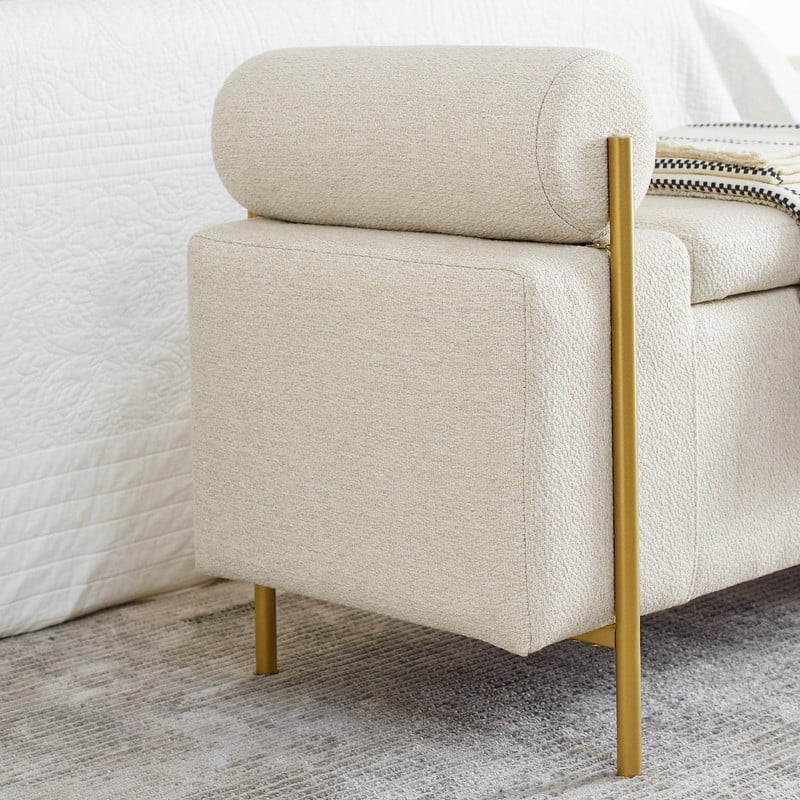 44" Upholstered Storage Bench with Arms and Hidden Storage, Bouclé Fabric Ottoman Bench with Gold Metal Legs, Modern Entryway Bedroom Bench,Beige