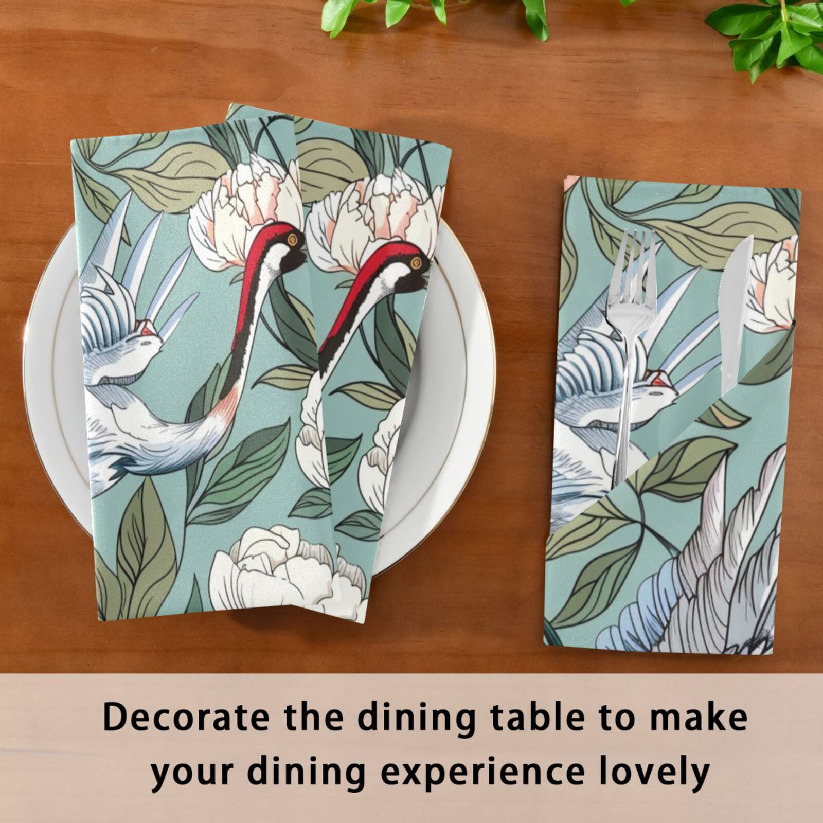 JSTEL Peony Flowers Crane Cloth Napkins Set of 6, 20x20 Inch Washable and Reusable Napkin for Decoupage Dinner Party Everyday Use