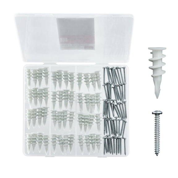 100-Piece Drywall Anchor and Screw Set, 50 Anchors 50 Screws 75LBS Capacity, Plastic Wall Anchor Kit with Box for Hanging Pictures Mirrors Shelves