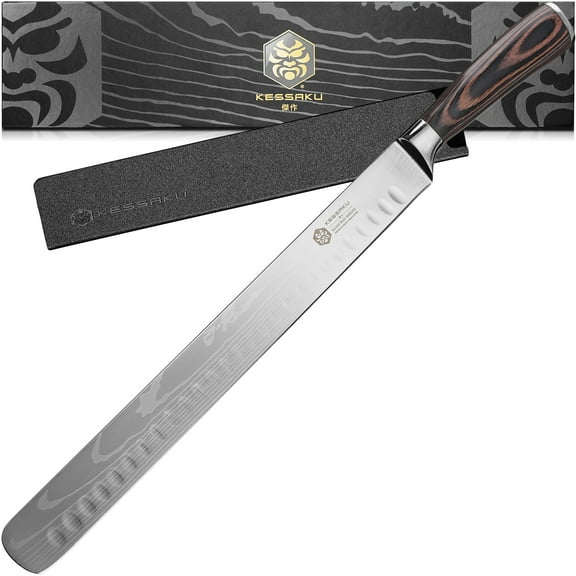 Kessaku Carving Meat Knife - 12 inch - Samurai Series - Razor Sharp - Granton Edge - Forged 7Cr17MoV High Carbon Stainless Steel - Wood Handle with Blade Guard
