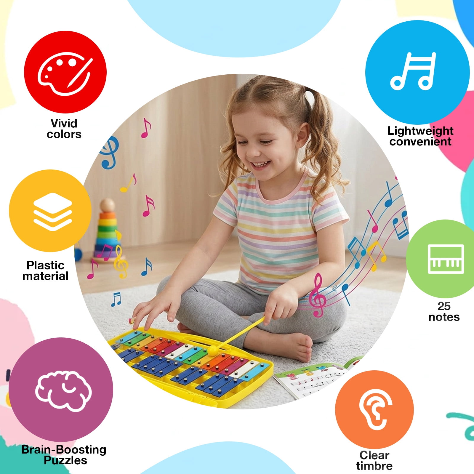 Grusce 25 Tone Xylophone Glockenspiel Colorful Wooden Xylophone with 2 Mallet Music Instrument for Beginner and Music Education