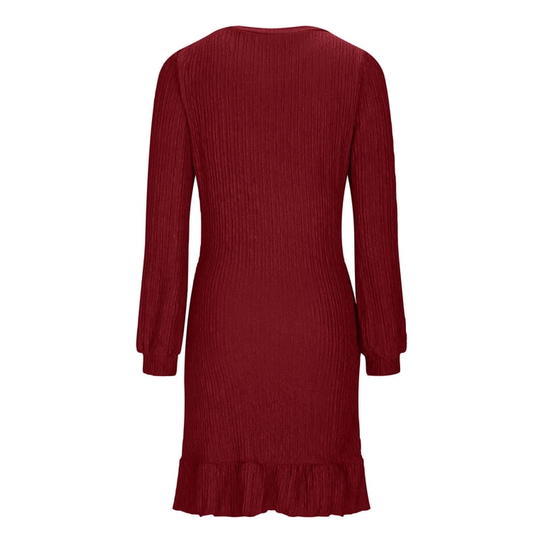 Haotags Women's Knit Dress, Jersey Dress Causal Soft Casual Knitwear Dress Wine L, Size: Large, Red