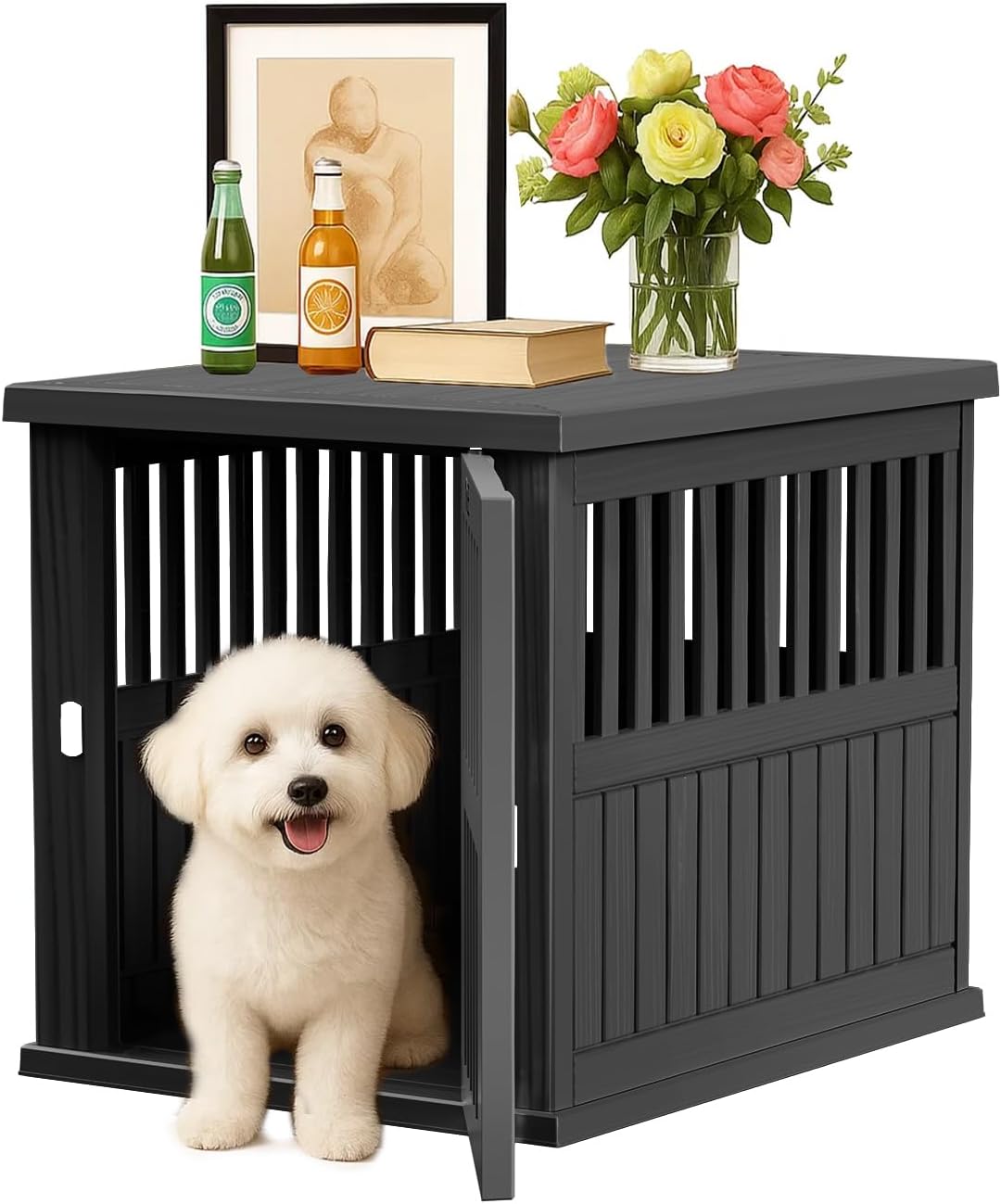 Dog Crate Furniture for Small to Medium Dogs,Decorative Resin Kennel Indoor,Multifunctional Dog Crate with Locking Buckle,End Table,Durable and Sturdy(Black 29.65 * 21.34 * 25.28)