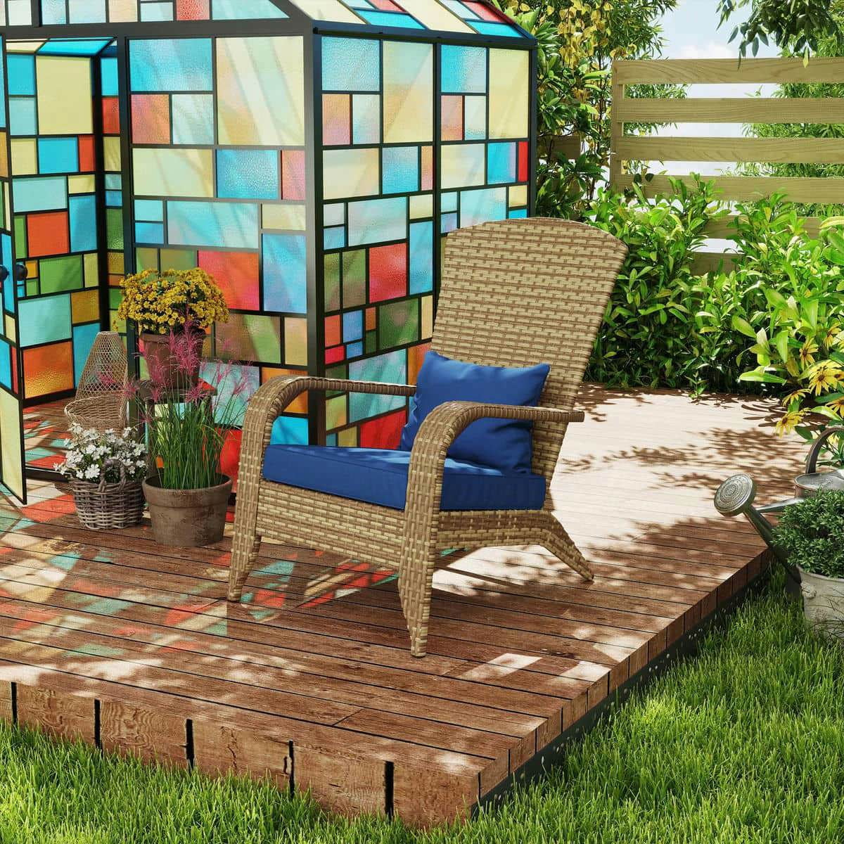 Spaco Patio Adirondack Chair with Rattan Wicker, Rattan Chair with Soft Cushions and Tall Curved Backrest for Outdoor, Dark Blue