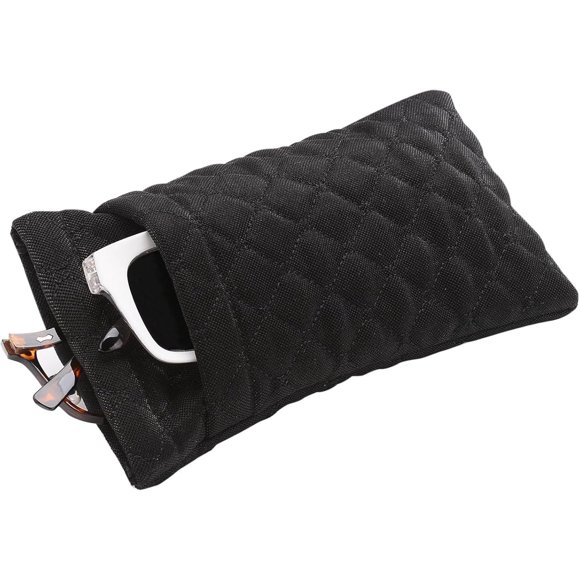 Large Double Eyeglasses Case, Squeeze Top Soft Glasses Pouch,Portable Sunglass Case with Cleaning Cloth for Women(Black)