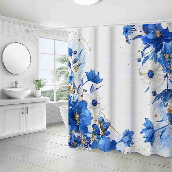 70x70 inch Blue and White Floral Watercolor Shower Curtain, Waterproof Polyester Fabric with Hooks for Bathroom Decor