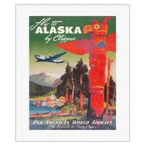Fly to Alaska - by Clipper - Native Totem Pole - Vintage Airline Travel Poster by Mark Von Arenburg c.1947 - Fine Art Rolled Canvas Print 16in x 20in