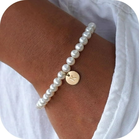 Turandoss Pearl Initial Bracelet for Women Girl Dainty Gold Letter Charm Pearl Beaded Bracelet Jewelry Women Teen Girl Bridesmaid Proposal Wedding Bride Party Bridal Shower Gift 6" Brass Pearl