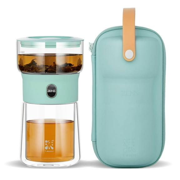 ZENS Modern Small Tea Infuser Teapot, Tritan One Touch Maker for Loose Leaf Diffusers With Insulated Cup and Travel Kits