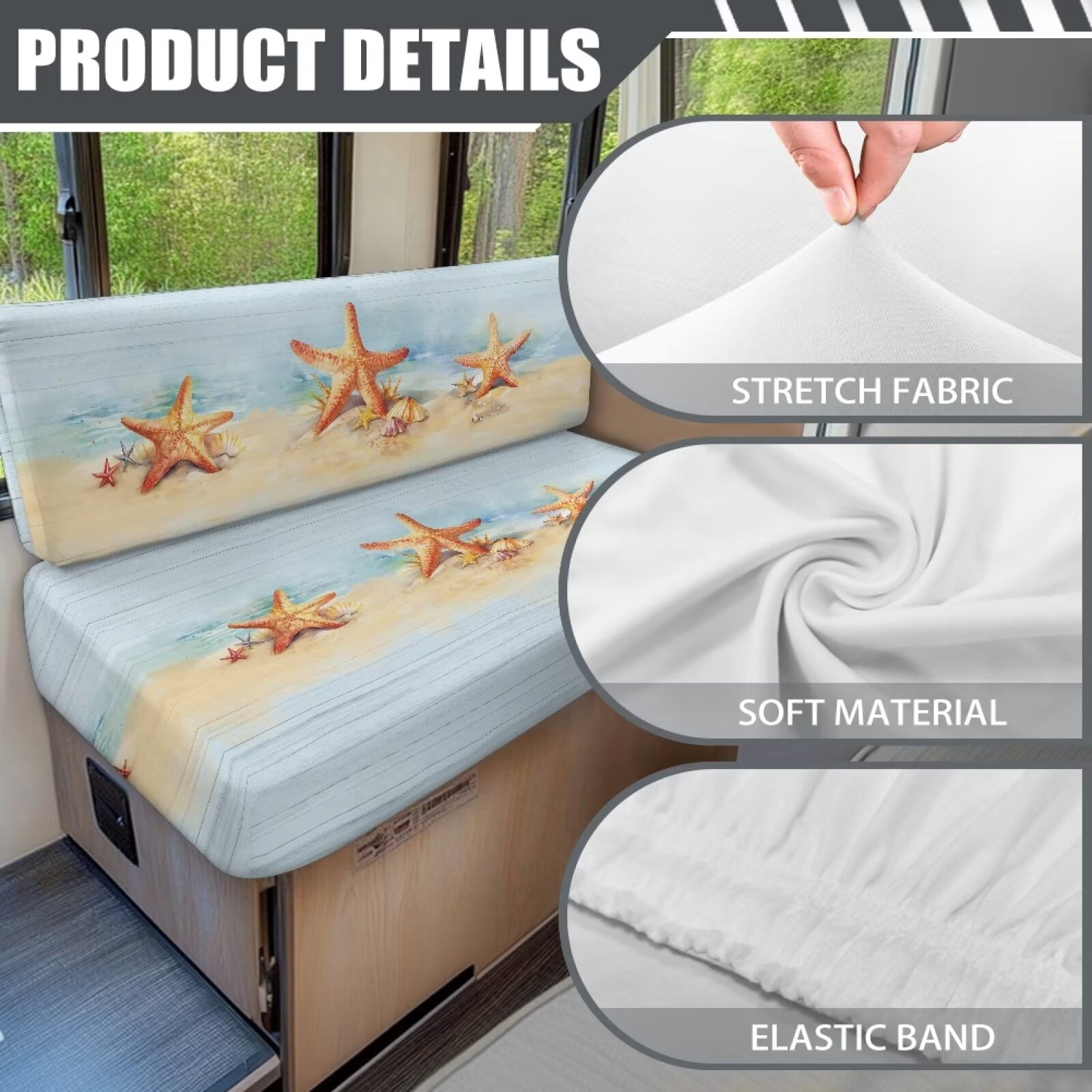 Uorisanigo 2 Pcs RV Dinette Cushion Covers Washable Beach Starfish RV Dinette Seat Covers Stretch Sofa Seat Slipcovers Easy to Install Machine Washable(1 Bench & 1 Backrest Cover)