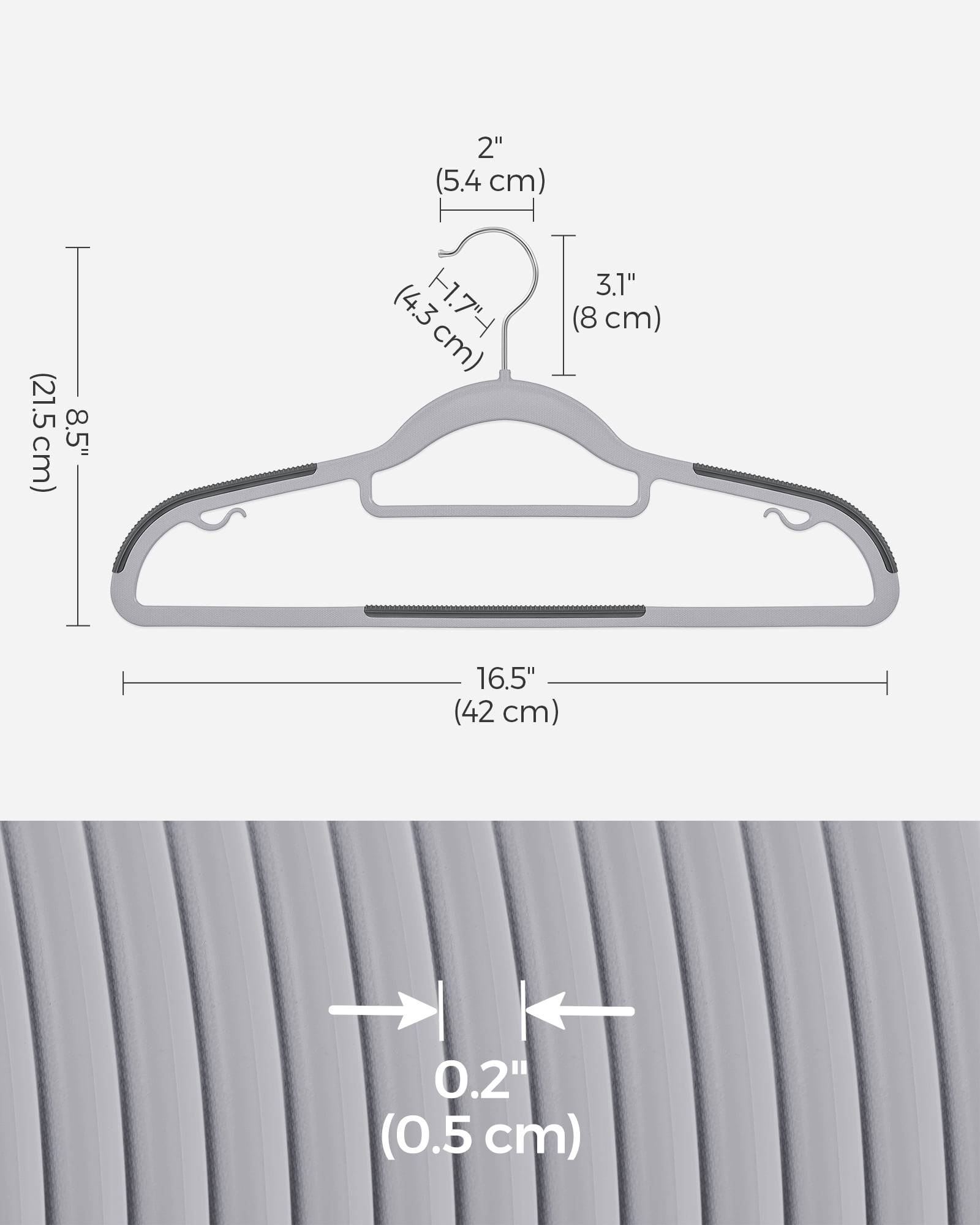 SONGMICS Pack of 60 Coat Hangers,Plastic Clothes Hangers, Non-Slip, 0.2 Inches, 16.5 Inches Wide, 360° Swivel Silver Hook, Light and Dark Gray