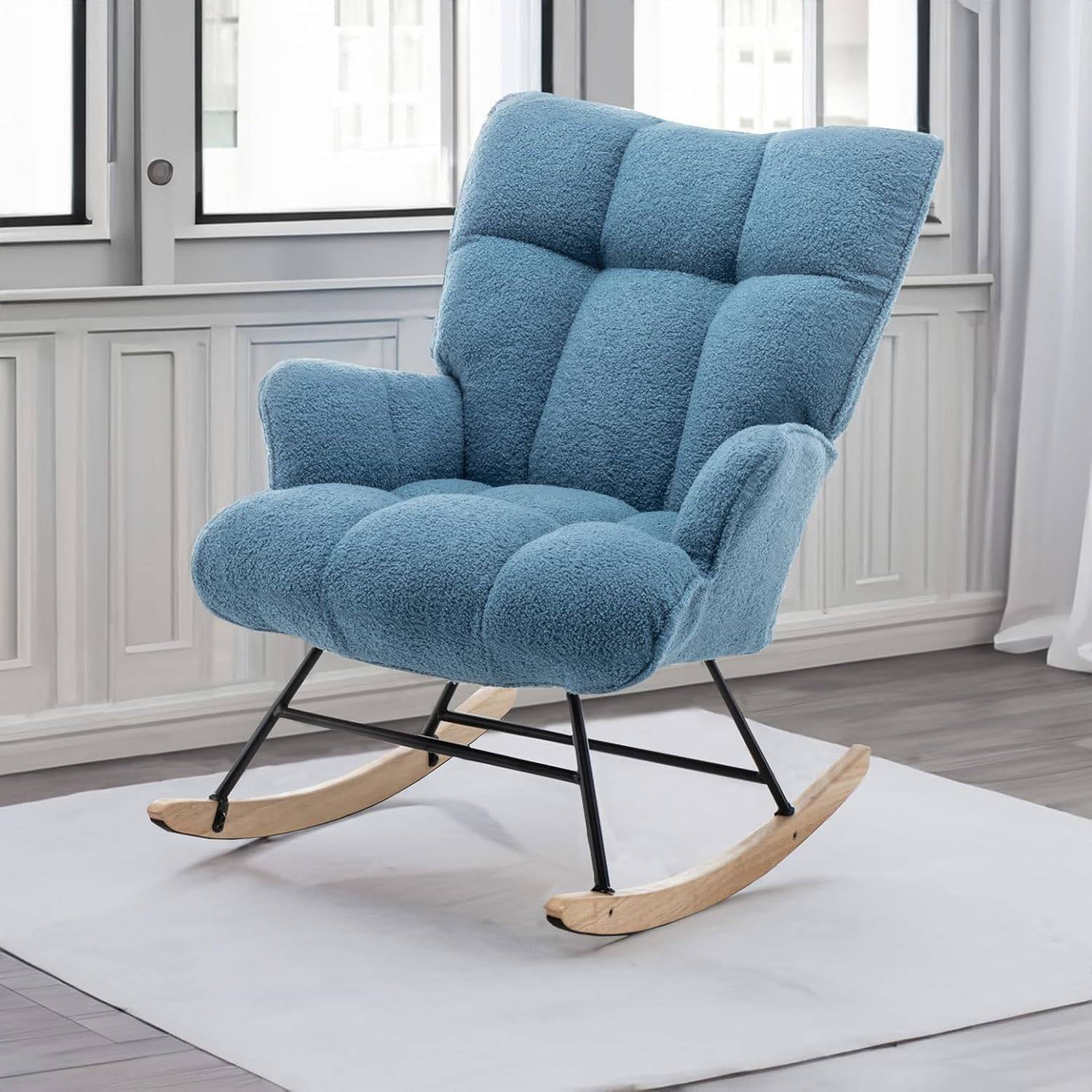 Upholstered Glider Rocking Chair with High Backrest, Padded Seat for Living Room, Bedroom, or Office – Blue