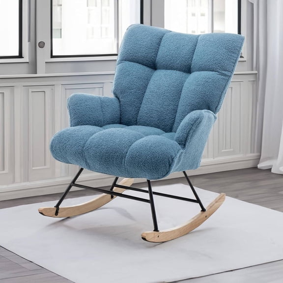 Upholstered Glider Rocking Chair with High Backrest, Padded Seat for Living Room, Bedroom, or Office – Blue