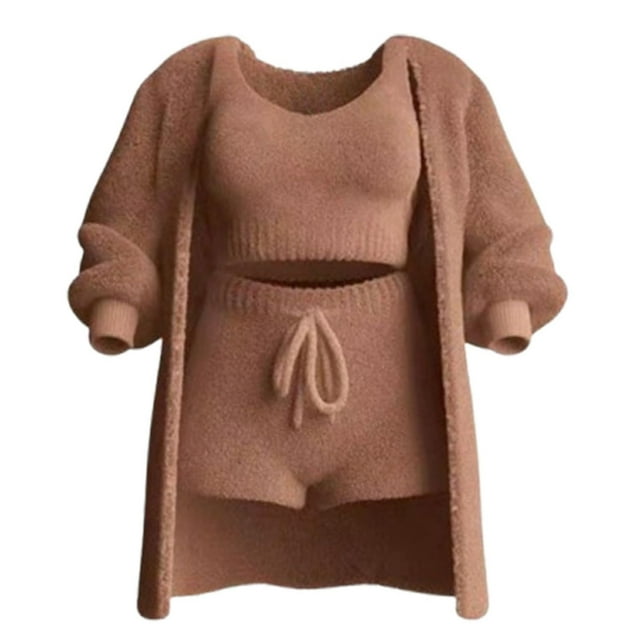 FAIWAD Ensemble 3 Pcs pour Femme Cardigan Court en Molleton Doux et Short Pyjama d'Hiver Ensemble de Détente Chaud
