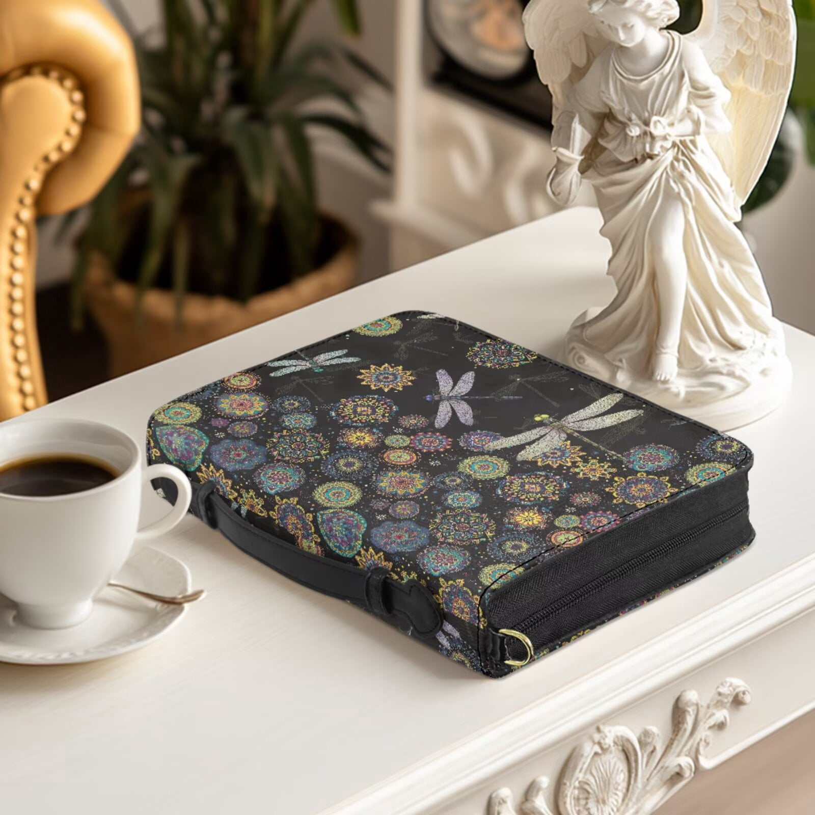 Kuiaobaty Dragonfly Boho Mandala Print Bible Cover Case for Women Men Bible Carrying Case with Bookmark Leather Christian Bible Study Accessories with Handle for Church, Black