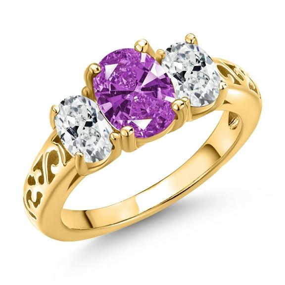 Gem Stone King 18K Yellow Gold Plated Silver Fancy Purple Zirconia and White Zirconia Filigree Style 3 Stone Ring for Women (2.07 Cttw, Oval 8X6MM and 6X4MM) (Size 6)