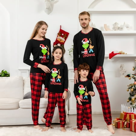 

FUNIER Family Christmas Pajamas Sleepwear Set Merry Christmas Monster Buffalo Plaid Print Sizes Baby-Kids-Adult-Pet 2-Piece Top and Pants Bodysuits Pajamas Sets