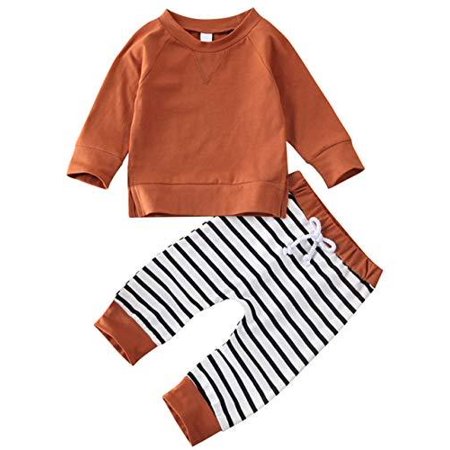 

StylesILove Baby Boys Autumn Winter Brown Long Sleeve T-Shirt and Striped Pants 2pcs Cotton Outfit