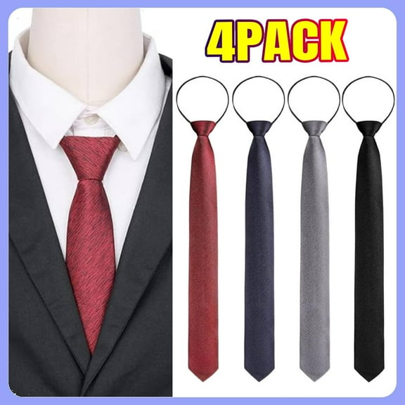 4 PACK Men's Zipper Tie Textured Adjustable Neck Pre-Tied Ties for Business Formal, Zipper Skinny Necktie Clip on Slim Tie