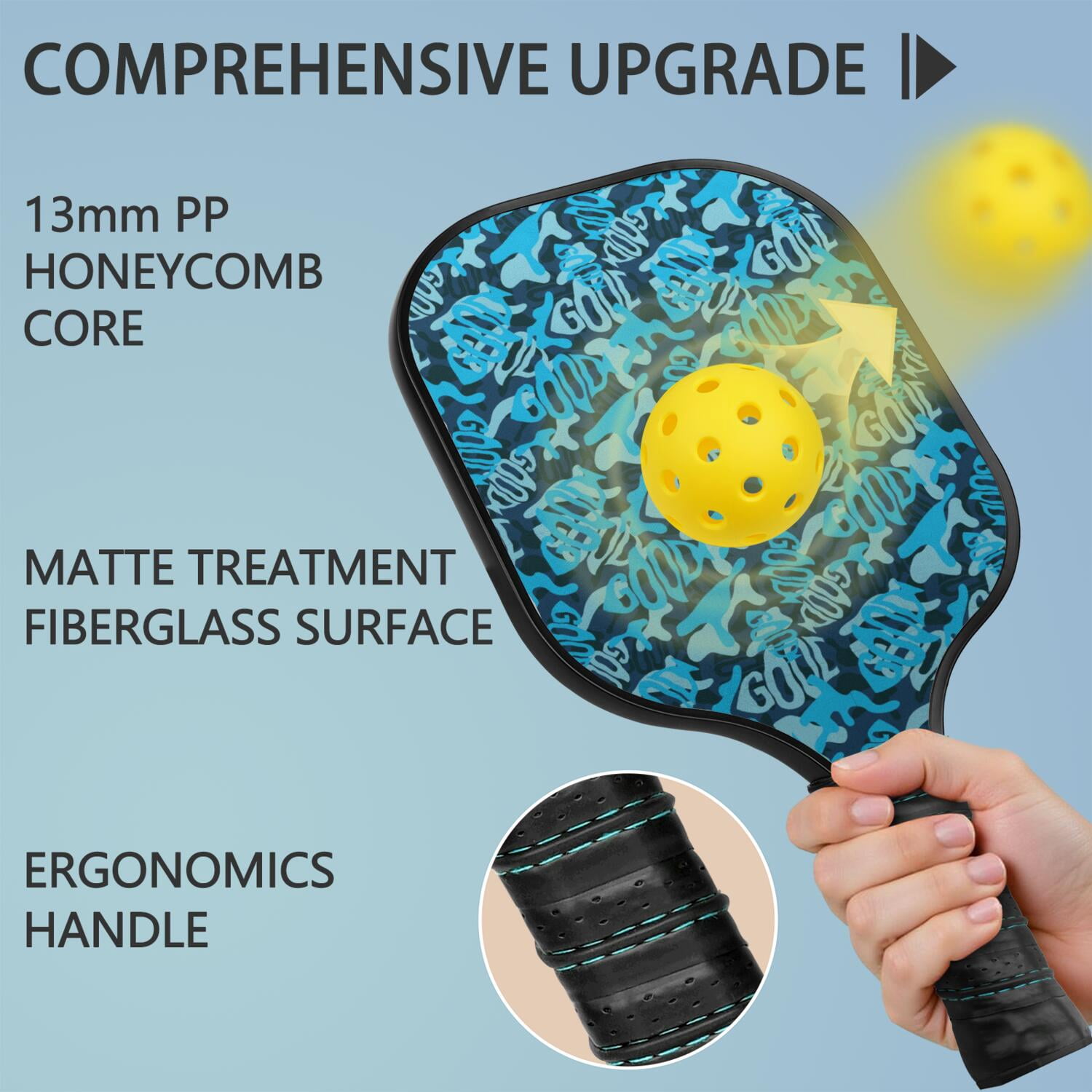 Pickleball Paddles Set Of 1, Fiberglass Surface, Camouflage Print, 1 Paddle, 2 Balls & Bag