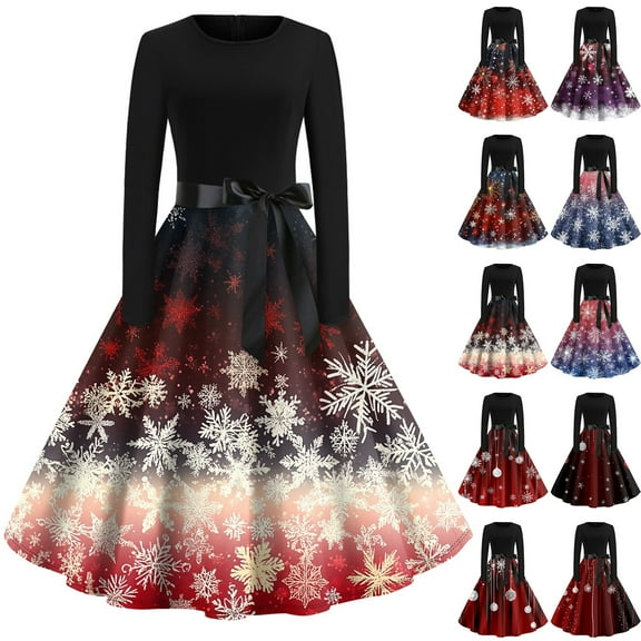 Christmas Dresses for Women Women's Vintage Classic Dress Long Sleeve Christmas Print Round Neck Swing Dress for Christmas Party,Blue,L