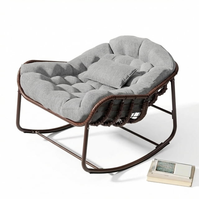 Garvee Outdoor Rocking Chair with Cushion, 36.6 x 33 x 25.2", Oversized Papasan Rocker, Grey