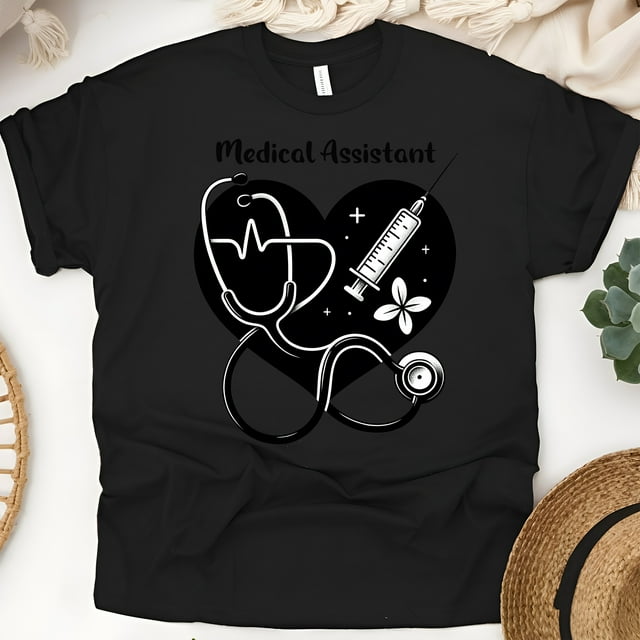 T-Shirt Graphique d'Assistante Médicale avec Design Cœur et Stéthoscope, Noir, Taille 3TG