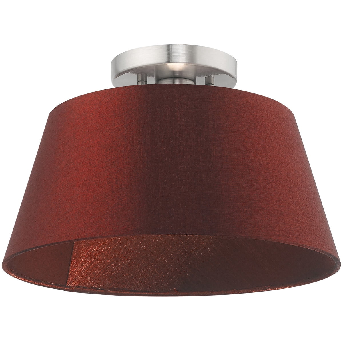 1 Light Brushed Nickel Ceiling Light fixture with Hand Crafted Red Wine Fabric Hardback Shade