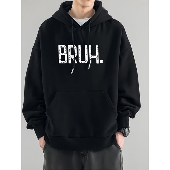 Men's Oversized "BRUH" Distressed Print Hoodie - Black/White Streetwear Sweatshirt, Pullover for Fall & Winter, Machine Washable Casual Warm Clothing