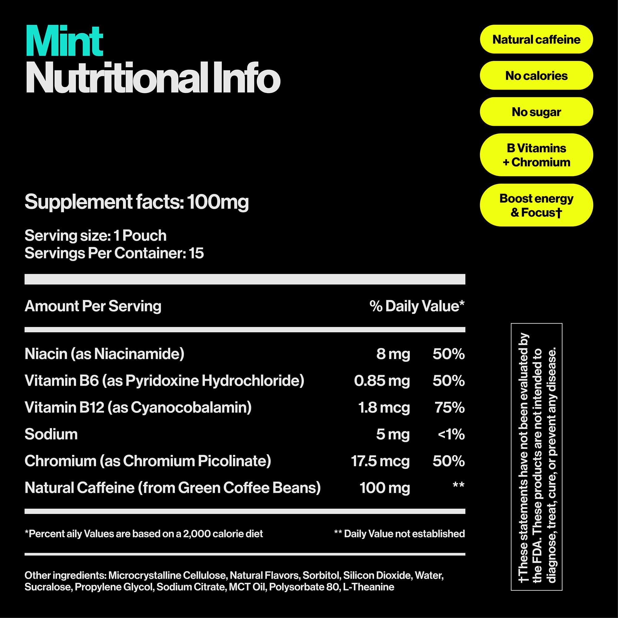 Wip Energy Pouches | 100mg Natural Caffeine | Vitamins and Minerals | Mint | 15 Pouches Per Can | 3 Cans