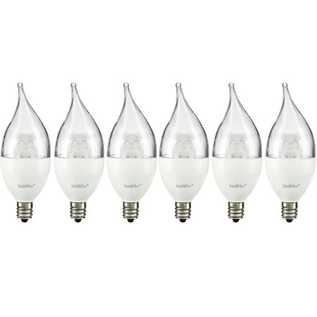 - Pack of 6 Sunlite LED Flame Tip Chandelier 7W (60W Equivalent) Light Bulb Candelabra (E12) Base, Soft White