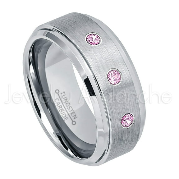 9mm Brushed Men's Tungsten Ring Tungsten Ring - 0.21ctw Pink Tourmaline 3-stone Band - Personalized Tungsten Wedding Ring - Custom Made October Birthstone Ring TN023BS
