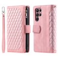thumbnail image 2 of Case For Samsung Galaxy S25 Ultra 5G Checkered With 6-card Slots Holder Kickstand Wrist Strap Lanyard Zipper PU Leather Flip Wallet Case,Pink,For Galaxy S25 Ultra 5G, 2 of 6