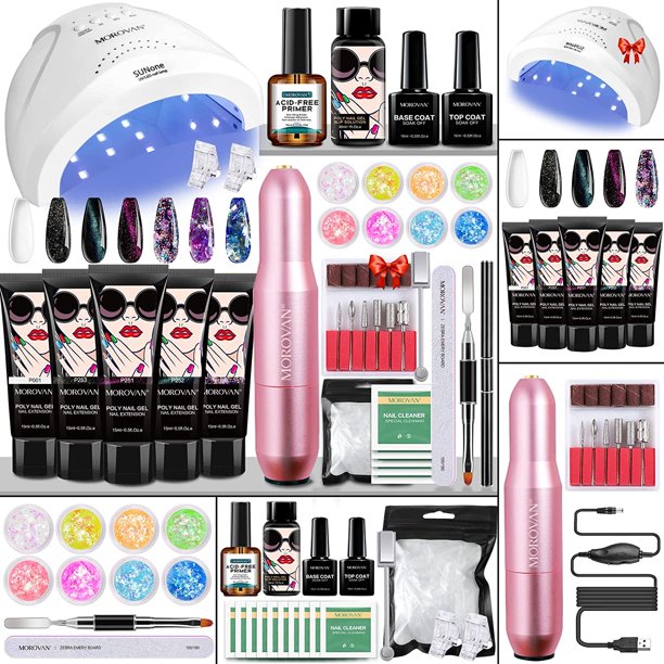Morovan Poly Gel Nail Kit with Lamp and Drill Poly Nail Gel Extension Kit with Light 48W