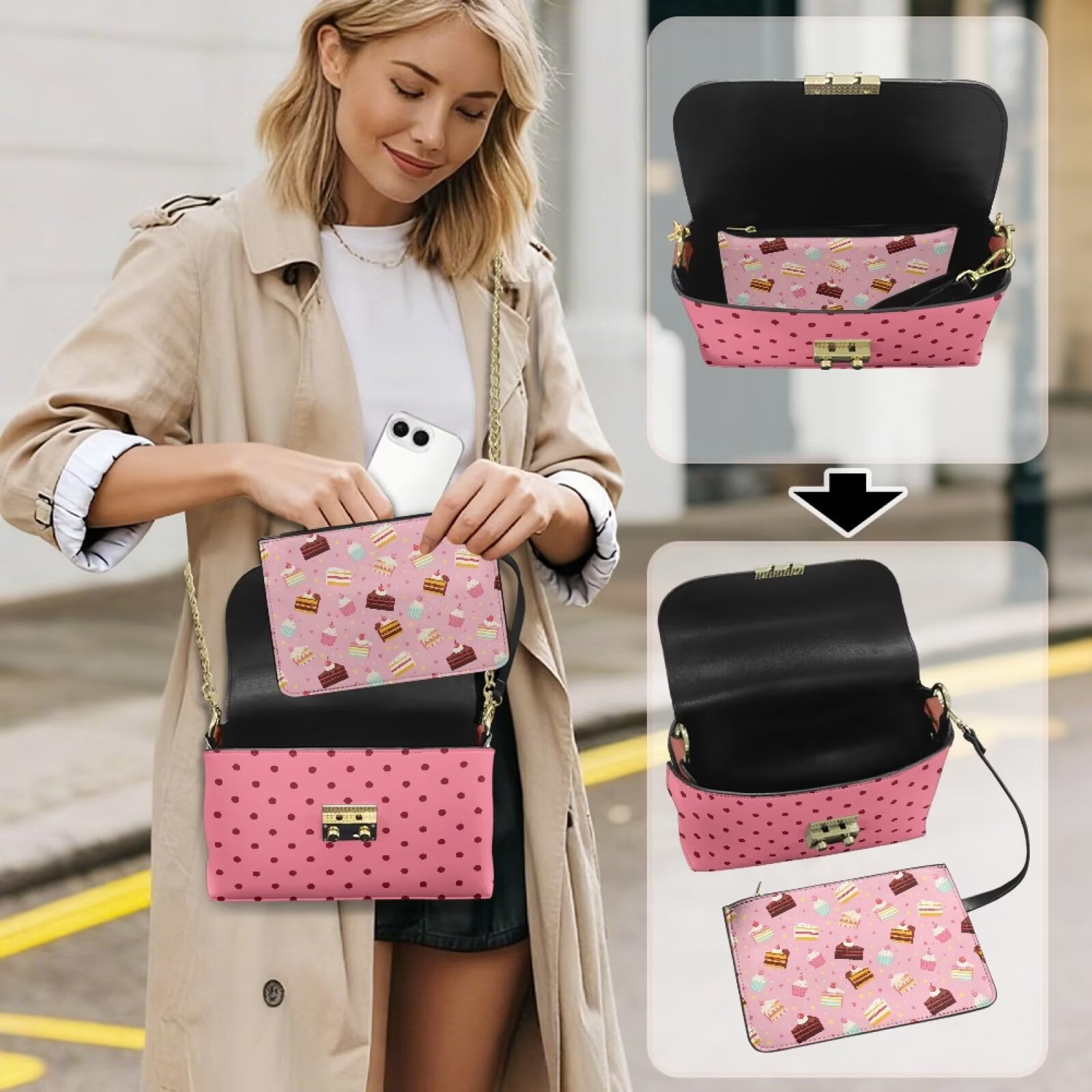 Pzuqiu Cake Print Women's Leather Crossbody Bag Lightness Versatile Quilted Leather Crossbody Bags for Women with Chain Strap Trendy Craftsmanship for Teen Girls-Women
