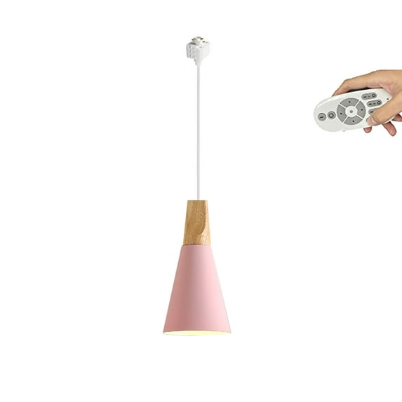 FSLiving Remote Control Pendant Light 1-Light J-Type Track Pendant Lamps Scandinavian Style Pendant Lights for Kitchen Hanging Lamp Modern Wood and Aluminium Light Customizable - Pink