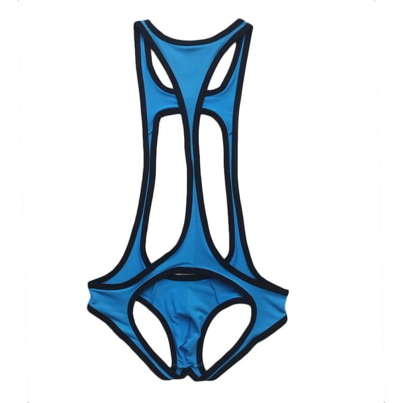 Mens Blue Bodysuit Underwear One-Piece with Cut Out Design Stretchy Nylon Spandex Lingerie,Size L