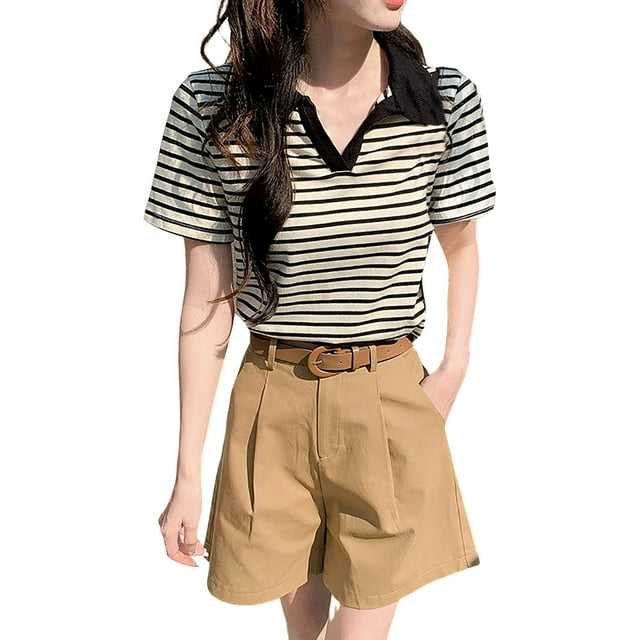 Hauts pour Femmes Chemises d'Été 2025 Mode Rayé Imprimé Col à Blocs de Couleur Manches Courtes Col en V T-Shirts Hauts Printemps Décontracté
