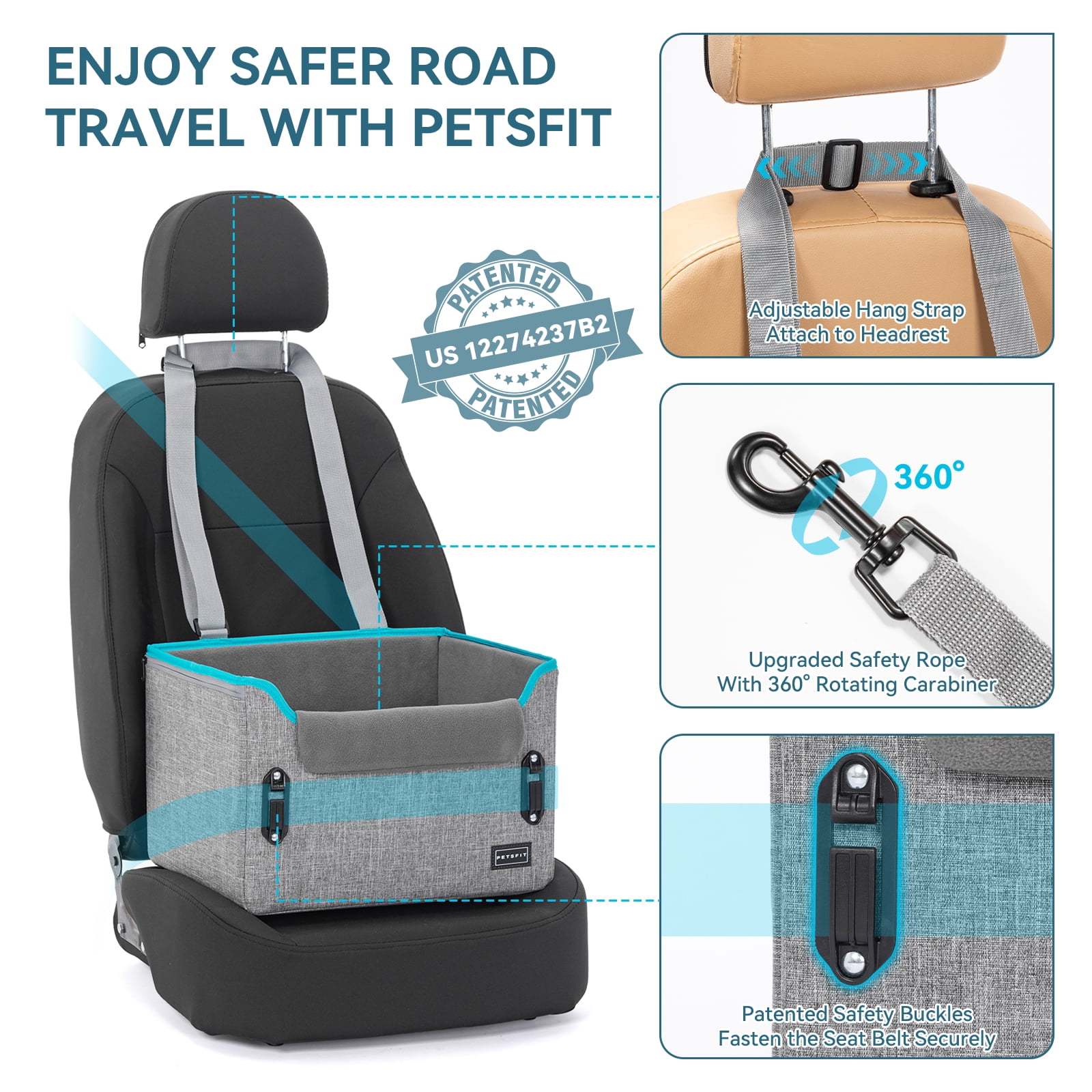 PETSFIT Dog Car Seats for Small Dogs, Portable Dog Booster Car Seat with Patent Safe Buckles,Pets Up to 25lbs ,Grey