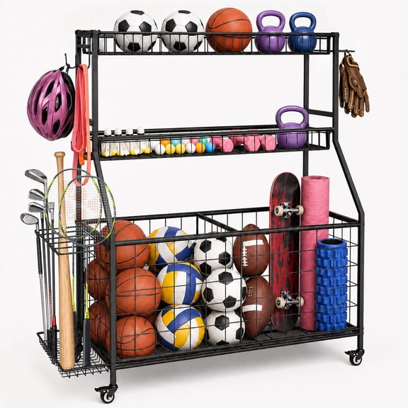 ROSYNEY 3-Tier Sports Equipment Organizer, Rolling Garage Storage Rack for Balls & Toys