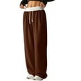 thumbnail image 2 of Women'S Contrast Color Waistband Sweatpants Wide Leg Pants with Drawstring Buckle Brown M, 2 of 8