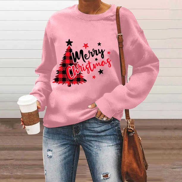 ICHUANYI Clearance Women Casual Full Sleeve Round Neck Tops Loose Blouse Solid Color Christmas Tree Print Sweatshirt ICHUANYI "ICHUANYI"