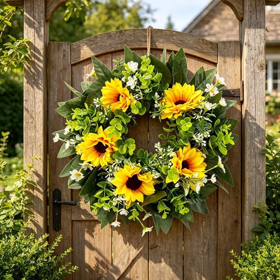 Sunflower Wreaths for Front Door, Artificial Floral Wreath with Green Foliage, Summer Wreaths for Front door Farmhouse Graduation Celebration and Home Decor, AKLJWH, Multicolor-1PC