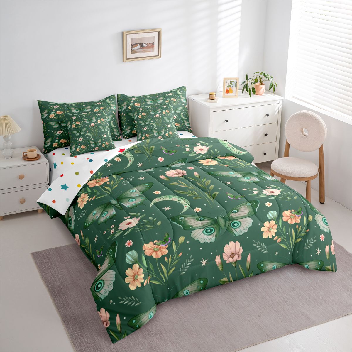 Homewish Green Butterflies 7-Piece Twin Bedding Sets for Boys Girls,Chic Flowers Bedding Comforter Set,Spring Graden Breathable Sheet Sets,Microfiber Bedroom Decor,Reversible